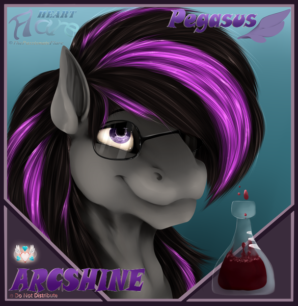 Size: 1249x1281 | Tagged: safe, artist:flareheartmz, derpibooru import, oc, oc:arcshine, pegasus, pony, bust, cutie mark, glasses, portrait, solo, text