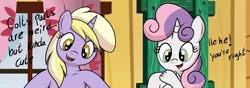 Size: 1538x542 | Tagged: suggestive, artist:an-tonio, artist:tolpain, derpibooru import, dinky hooves, pipsqueak, sweetie belle, anthro, earth pony, unicorn, collaboration, cropcon, cropped, dialogue, female, foal, image, implied foalcon, male, nudity, png