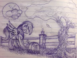 Size: 2048x1536 | Tagged: safe, artist:sa-loony, derpibooru import, rainbow dash, pegasus, pony, cloud, female, gravestone, grieving, lined paper, mare, monochrome, moon, pen drawing, rest in peace, solo, traditional art, tree