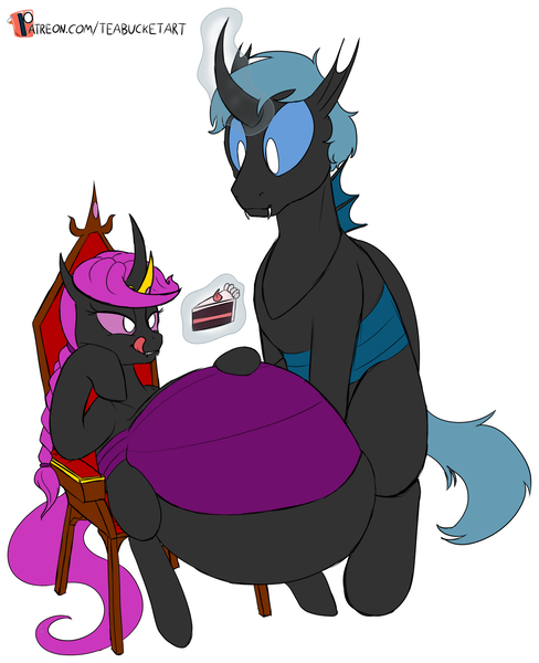 Size: 1194x1469 | Tagged: suggestive, artist:teabucket, deleted from derpibooru, derpibooru import, changeling queen oc, oc, oc:polaris, oc:runic, unofficial characters only, changeling, changeling queen, belly, big belly, blue changeling, cake, changeling oc, feedee, feeder, feeding, female, food, huge belly, impossibly large belly, licking, licking lips, magic, male, patreon, patreon logo, purple changeling, size difference, tongue out