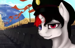 Size: 1106x722 | Tagged: safe, artist:sa-loony, derpibooru import, oc, pony, broken horn, hat, heterochromia, horn