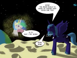 Size: 600x450 | Tagged: safe, artist:quint-t-w, derpibooru import, princess celestia, princess luna, alicorn, pony, cheese, dialogue, eating, food, magic, moon, old art, royal sisters, s1 luna, single panel, space, spell call, stars