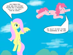 Size: 600x450 | Tagged: safe, artist:quint-t-w, derpibooru import, fluttershy, pinkie pie, earth pony, pegasus, pony, cloud, dialogue, flying, in which pinkie pie forgets how to gravity, old art, pinkie being pinkie, pinkie physics, single panel, sky, swimming