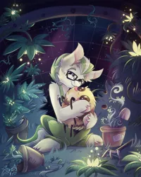 Size: 1280x1600 | Tagged: safe, artist:alexbluebird, derpibooru import, oc, oc:enigma, bee, earth pony, insect, pony, clothes, cuddling, cute, daaaaaaaaaaaw, ear fluff, garden, glasses, glow, hug, leg fluff, male, ocbetes, plant, sitting, smiling, solo, space, space station 13