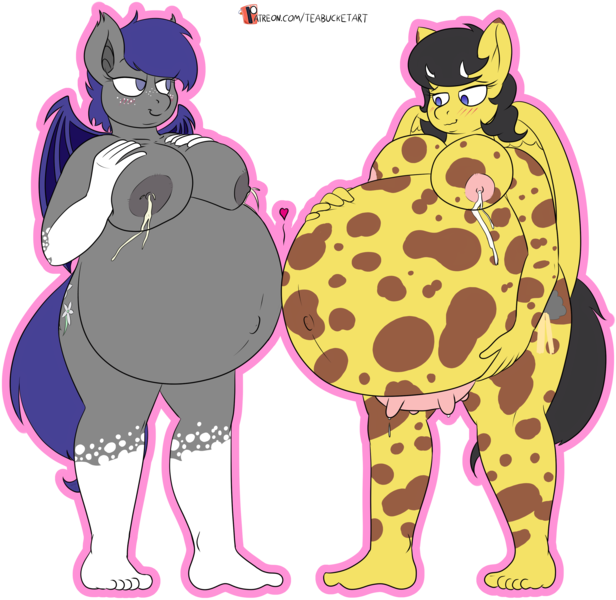 Size: 3212x3128 | Tagged: questionable, artist:teabucket, artist:thewindking, derpibooru import, edit, oc, oc:midnight blossom, oc:reia hope, unofficial characters only, anthro, bat pony, cow, cow pony, barefoot, belly, big belly, big breasts, breast milk, breasts, breasts plus udder, colored, fat, feet, female, females only, huge belly, huge breasts, huge udder, hyper, hyper belly, impossibly large belly, lactation, milk, nipples, nudity, patreon, patreon logo, pregnant, udder