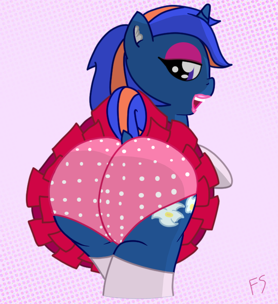 Size: 672x734 | Tagged: suggestive, artist:fskindness, derpibooru import, oc, oc:lunarstarpony, pony, unicorn, ass, bimbo, butt, cheerleader, clothes, dock, female, lipstick, looking at you, makeup, miniskirt, panties, pink underwear, polka dot underwear, skirt, skirt lift, socks, solo, solo female, stockings, tail wrap, thigh highs, underwear, upskirt