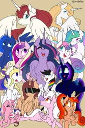 Size: 730x1095 | Tagged: safe, artist:firepetalfox, derpibooru import, princess cadance, princess celestia, princess flurry heart, princess luna, princess twilight 2.0, twilight sparkle, twilight sparkle (alicorn), oc, oc:bonniecorn, oc:crystal melody, oc:fausticorn, oc:heatherblossom, oc:lightning bliss, oc:mary sue, oc:myth, oc:pristine, oc:starry flame, alicorn, pony, the last problem, alicorn oc, female, horn, mare, older, older flurry heart, older twilight, royal sisters, sunglasses, wings