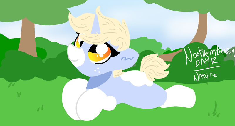 Size: 1980x1060 | Tagged: safe, artist:nootaz, derpibooru import, oc, oc:nootaz, unofficial characters only, pony, unicorn, bush, female, grass, laying on stomach, mare, nootvember, nootvember 2019, outdoors, sky, solo, tree