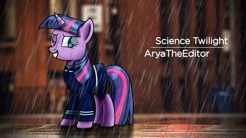 Size: 1192x670 | Tagged: safe, artist:aryatheeditor, derpibooru import, sci-twi, twilight sparkle, ponified, pony, unicorn, equestria girls, city, clothes, digital art, element of magic, equestria girls ponified, geode of telekinesis, heterochromia, magical geodes, photo, powerful sparkle, rain, solo, unicorn sci-twi, vignette, wallpaper, wet, wet mane