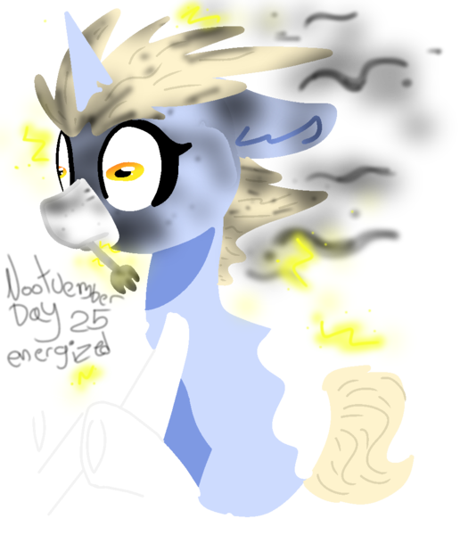 Size: 980x1140 | Tagged: safe, artist:nootaz, derpibooru import, oc, oc:nootaz, unofficial characters only, pony, unicorn, alternate hairstyle, burned, derp, electricity, faic, female, fork, mare, nootvember, nootvember 2019, shocked, simple background, sitting, solo, transparent background