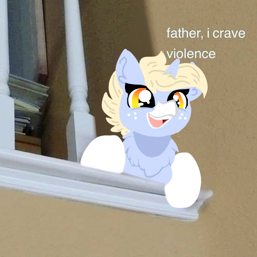 Size: 520x520 | Tagged: safe, artist:nootaz, derpibooru import, oc, oc:nootaz, ponified, unofficial characters only, pony, unicorn, behaving like a cat, chest fluff, cute, father i crave violence, female, imminent violence, irl, mare, meme, neck fluff, ocbetes, open mouth, photo, ponies in real life, ponified animal photo, prone, smiling, solo, text