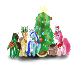 Size: 3000x3000 | Tagged: safe, artist:hersheypup, derpibooru import, pinkie pie, oc, oc:ferb fletcher, oc:frost d. tart, oc:zipper zest, alicorn, earth pony, pegasus, pony, unicorn, alicorn oc, antlers, christmas, christmas tree, clothes, costume, holiday, horn, not minuette, plushie, rudolph nose, santa costume, tree, wings, winter ramun