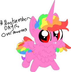 Size: 599x610 | Tagged: safe, artist:nootaz, derpibooru import, oc, oc:prince bloodshed, unofficial characters only, alicorn, pony, alicorn oc, colored wings, colt, fangs, horn, looking at you, male, multicolored hair, multicolored wings, neck fluff, nootvember, nootvember 2019, rainbow hair, rainbow wings, simple background, solo, tongue out, transparent background, wings