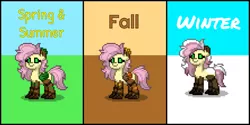 Size: 2000x1000 | Tagged: safe, artist:band sickle, derpibooru import, fluttershy, original species, pony, timber pony, timber wolf, pony town, cute, female, grass, leaves, seasons, simple background, snow, species swap, timber-shy, tree bark