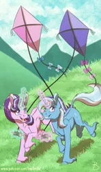 Size: 1181x2000 | Tagged: safe, artist:inuhoshi-to-darkpen, derpibooru import, starlight glimmer, trixie, classical unicorn, pony, unicorn, cloven hooves, curved horn, cute, diatrixes, duo, female, glimmerbetes, happy, horn, kite, leonine tail, levitation, magic, mare, open mouth, running, smiling, telekinesis, that pony sure does love kites, unshorn fetlocks