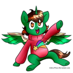 Size: 893x895 | Tagged: safe, artist:zahra-pines, derpibooru import, oc, oc:frost d. tart, alicorn, pony, alicorn oc, clothes, cosplay, costume, gravity falls, horn, mabel pines, solo, sweater, waving, wings