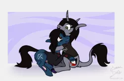 Size: 1200x780 | Tagged: safe, artist:enma-darei, derpibooru import, ponified, ponified:kellin quinn, ponified:oliver sykes, classical unicorn, earth pony, pony, undead, unicorn, zombie, zombie pony, blood, bone, bring me the horizon, clothes, cloven hooves, commission, curved horn, disguise, disguised siren, drop dead clothing, duo, happy, horn, hug, leonine tail, lip piercing, long sleeves, looking at each other, male, one eye closed, piercing, rainbow blood, scar, shirt, side, sitches, sitting, sleeping with sirens, smiling, stallion, t-shirt, tattoo, torn ear, unshorn fetlocks