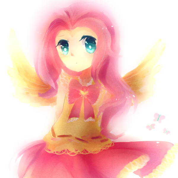 Size: 1500x1500 | Tagged: artist:sea, bow, butterfly, clothes, cute, cutie mark, derpibooru import, dress, female, fluttershy, hands behind back, human, humanized, looking at you, pixiv, safe, shyabetes, simple background, solo, white background, winged humanization, wings