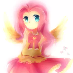 Size: 1500x1500 | Tagged: artist:sea, bow, butterfly, clothes, cute, cutie mark, derpibooru import, dress, female, fluttershy, hands behind back, human, humanized, looking at you, pixiv, safe, shyabetes, simple background, solo, white background, winged humanization, wings