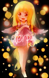 Size: 753x1187 | Tagged: artist:sea, barefoot, bare shoulders, black background, clothes, cute, derpabetes, derpibooru import, derpy hooves, dress, feet, female, human, humanized, open mouth, pixiv, safe, simple background, solo, winged humanization, wings