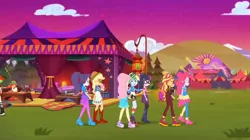 Size: 1280x717 | Tagged: safe, derpibooru import, screencap, applejack, fluttershy, pinkie pie, rainbow dash, rarity, sci-twi, sunset shimmer, twilight sparkle, equestria girls, equestria girls series, sunset's backstage pass!, spoiler:eqg series (season 2), clothes, festival, humane five, humane seven, humane six, shoes, sneakers, sunset