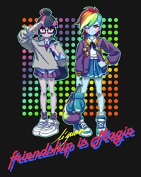 Size: 1200x1506 | Tagged: safe, artist:jj, artist:liyuan29, derpibooru import, rainbow dash, sci-twi, twilight sparkle, equestria girls, abstract background, bandaid, boxing gloves, clothes, duo, female, glasses, hair bun, hand on hip, letterman jacket, looking at you, miniskirt, moe, one eye closed, pixiv, pleated skirt, salute, shoes, skirt, socks