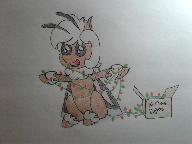 Size: 2576x1932 | Tagged: artist:stemthebug, box, christmas, christmas lights, cute, derpibooru import, holiday, hybrid, insect, moth, mothpony, oc, oc:stem bedstraw, original species, photo, safe, solo, traditional art, unofficial characters only