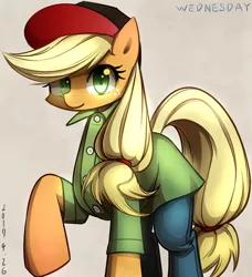 Size: 790x865 | Tagged: safe, artist:tangankittentail, derpibooru import, applejack, earth pony, pony, clothes, coat, cute, female, hat, jackabetes, jeans, mare, pants, pixiv, solo