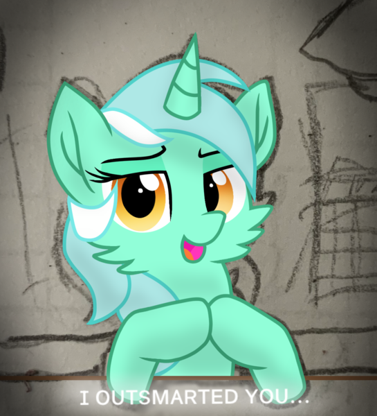 Size: 981x1080 | Tagged: safe, artist:rainbow eevee, derpibooru import, lyra heartstrings, pony, unicorn, cheek fluff, drawing, female, gendo pose, lidded eyes, looking at you, mare, outsmart, solo, speech, talking