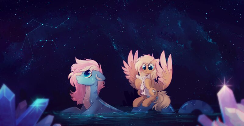 Size: 2780x1438 | Tagged: safe, artist:mirtash, derpibooru import, oc, oc:liu, oc:mirta whoowlms, pegasus, pony, constellation, crystal, water