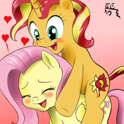 Size: 2000x2000 | Tagged: safe, artist:tomtornados, derpibooru import, fluttershy, sunset shimmer, pegasus, pony, unicorn, blushing, cute, eyes closed, female, gradient background, happy, heart, lesbian, mare, open mouth, piggyback ride, ponies riding ponies, riding, shimmerbetes, shipping, shyabetes, sunshyne, underhoof