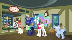 Size: 1920x1080 | Tagged: safe, derpibooru import, screencap, derpy hooves, princess celestia, princess luna, rainbow stars, time flies, alicorn, pegasus, pony, unicorn, between dark and dawn, admiration, barehoof, clothes, excited, eyes closed, eyeshadow, female, folded wings, hair bun, hawaiian shirt, impressed, lidded eyes, makeup, male, mare, multicolored mane, multicolored tail, ponytail, post office, raised hoof, royal sisters, shirt, shocked, siblings, sisters, spread wings, stallion, tail bun, that pony sure does love the post office, unimpressed, wings