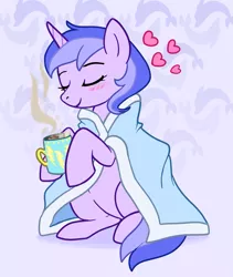 Size: 957x1133 | Tagged: safe, artist:nightmare fuel, derpibooru import, sea swirl, seafoam, pony, unicorn, blanket, chocolate, commission, cup, cutie mark background, drink, eyes closed, female, food, heart, hoof hold, hot chocolate, mare, mug, rug, smiling, solo, wrapped up, ych result