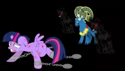 Size: 1181x676 | Tagged: abuse, alicorn, artist:swiftgaiathebrony, bad end, broken horn, chains, crying, dark, dark magic, darkness, derpibooru import, evil, fake, faker than a three dollar bill, grogar, horn, injured, injured wing, magic, pain, revenge, semi-grimdark, shadow, torment, torture, twilight sparkle, twilight sparkle (alicorn), twilybuse, wings