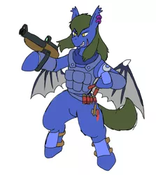 Size: 1825x2048 | Tagged: safe, artist:omegapony16, derpibooru import, oc, oc:oriponi, unofficial characters only, bat pony, pony, armor, bat pony oc, bat wings, bipedal, clothes, ear piercing, earring, grin, gun, jewelry, piercing, scar, simple background, smiling, soldier, solo, vest, weapon, white background, wings