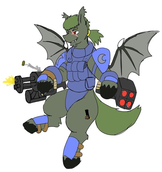 Size: 1932x2048 | Tagged: safe, artist:omegapony16, derpibooru import, oc, oc:oriponi, unofficial characters only, bat pony, pony, armor, bat pony oc, bat wings, clothes, flying, gun, scar, shooting, simple background, soldier, spread wings, unshorn fetlocks, vest, weapon, white background, wings