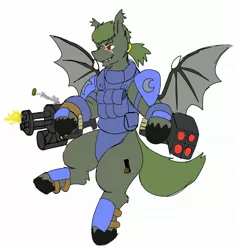 Size: 1932x2048 | Tagged: safe, artist:omegapony16, derpibooru import, oc, oc:oriponi, unofficial characters only, bat pony, pony, armor, bat pony oc, bat wings, clothes, flying, gun, scar, shooting, simple background, soldier, spread wings, unshorn fetlocks, vest, weapon, white background, wings