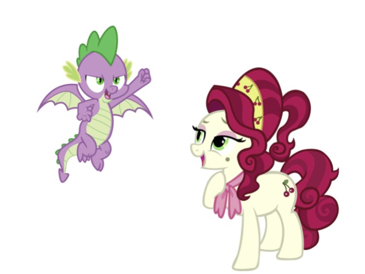 Size: 750x562 | Tagged: safe, artist:cheezedoodle96, artist:sugar-loop, derpibooru import, edit, editor:undeadponysoldier, cherry jubilee, spike, dragon, pony, beauty mark, female, impressed, jubispike, male, mare, shipping, simple background, spread wings, straight, white background, winged spike, wings