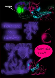 Size: 985x1385 | Tagged: safe, artist:didun850, derpibooru import, king sombra, princess luna, oc, oc:chase, alicorn, earth pony, pony, shadow pony, umbrum, unicorn, comic:ask chase the pony, black background, comic, curved horn, dialogue, female, filly, glowing eyes, horn, lineart, male, mouth hold, simple background, stallion