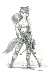 Size: 1000x1401 | Tagged: anthro, apple bloom, artist:baron engel, breasts, busty apple bloom, clothes, derpibooru import, digital art, fallout, female, gepard gm6, grayscale, gun, monochrome, older, older apple bloom, pencil drawing, rifle, safe, sketch, sniper rifle, solo, story in the source, submachinegun, traditional art, unguligrade anthro, weapon