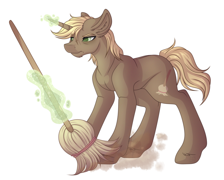 Size: 3726x2988 | Tagged: safe, artist:amazing-artsong, derpibooru import, oc, oc:sweeper, unofficial characters only, pony, unicorn, broom, digital art, female, high res, magic, male, simple background, solo, stallion, transparent background