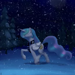 Size: 1080x1080 | Tagged: safe, artist:midwestbrony, derpibooru import, princess celestia, alicorn, pony, clothes, eyes closed, female, night, scarf, snow, snowfall, solo, tree