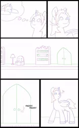 Size: 707x1131 | Tagged: safe, artist:chedx, author:bigonionbean, derpibooru import, oc, oc:king speedy hooves, alicorn, pony, comic:the fusion flashback, alicorn oc, comic, commissioner:bigonionbean, confused, confusion, dialogue, door, fusion, fusion:king speedy hooves, horn, knocking, living room, nani, sketch, sketch dump, thought bubble, wings