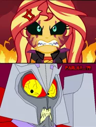 Size: 1920x2560 | Tagged: safe, artist:terry, artist:wubcakeva, derpibooru import, sunset shimmer, equestria girls, equestria girls series, sunset's backstage pass!, spoiler:eqg series (season 2), angry, black sclera, bloodshot eyes, clash of hasbro's titans, comparison, crossover, decepticon, fire, megatron, rage, rageset shimmer, red eyes, sharp teeth, sunset satan, teeth, transformers