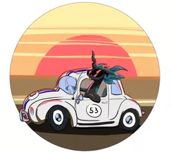 Size: 1800x1600 | Tagged: alternate version, artist:rocket-lawnchair, changeling, changeling queen, derpibooru import, disney, female, herbie, pun, queen chrysalis, safe, solo, sunglasses, sunset, the love bug, visual pun, volkswagen, volkswagen beetle