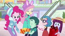Size: 1920x1080 | Tagged: safe, derpibooru import, screencap, fluttershy, kimberlite, mint chip, pinkie pie, technicolor waves, equestria girls, equestria girls series, holidays unwrapped, spoiler:eqg series (season 2), animated, bunny ears, child, children, clothes, cute, dropped, escalator, glasses, happy, holiday decorations, oh no, phew, pinkie's magic hair, present, sad, shopping mall, smiling, sound, webm, winter outfit