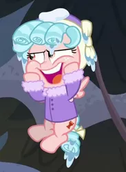 Size: 324x442 | Tagged: safe, derpibooru import, screencap, cozy glow, pegasus, pony, frenemies (episode), bow, clothes, cozy glow is best facemaker, cropped, faic, female, filly, flying, foal, hooves on cheeks, open mouth, smiling, solo, tail bow