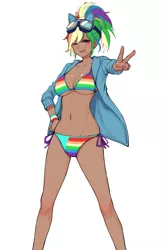 Size: 807x1221 | Tagged: anime, artist:masou, bikini, breasts, busty rainbow dash, clothes, dark skin, derpibooru import, human, humanized, kotobukiya, kotobukiya rainbow dash, one eye closed, peace sign, rainbow bikini, rainbow dash, rainbow swimsuit, sexy, stupid sexy rainbow dash, suggestive, swimsuit, wink