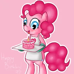 Size: 1200x1200 | Tagged: safe, artist:pinkieinprivate, artist:pinkiepieskitchen, derpibooru import, pinkie pie, earth pony, pony, pinkiepieskitchen, apron, bipedal, cake, clothes, food, gloves, mittens, naked apron, solo