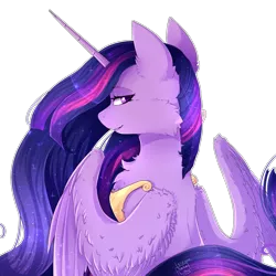 Size: 2049x2049 | Tagged: safe, artist:wolfythewolf555, derpibooru import, princess twilight 2.0, twilight sparkle, twilight sparkle (alicorn), alicorn, pony, the last problem, bedroom eyes, cheek fluff, chest fluff, female, fluffy, looking at you, looking back, looking back at you, mare, older, older twilight, rear view, simple background, smiling, solo, transparent background, white outline, wing claws, wing fluff